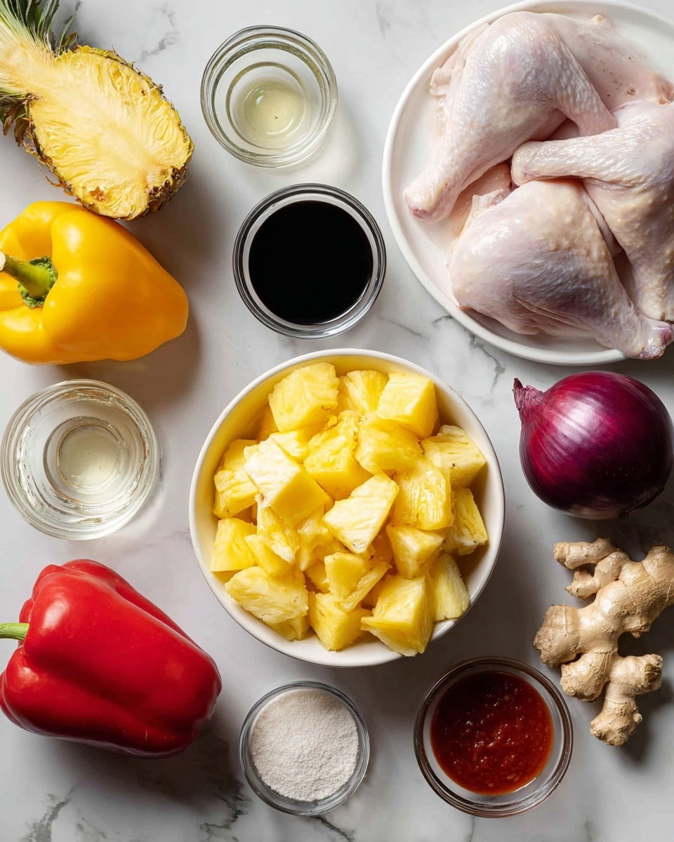 The image shows an arrangement of fresh ingredients on a white marbled surface. In the center is a white bowl filled with yellow pineapple chunks. To the top right, two raw chicken pieces rest on a white plate. Below them is a whole purple onion. Surrounding the pineapple bowl are two small bowls with dark and light sauces, a small bowl of white powder, a small glass bowl with a clear liquid, and another small bowl with red sauce. On the far left side, there is a whole yellow bell pepper, a whole red bell pepper, and a tall pineapple. At the bottom right corner, there are two garlic cloves and a piece of ginger. The overall colors are vibrant and fresh with a variety of textures from smooth sauces to rough ginger and crisp vegetables. Photo taken with an iphone --ar 4:5 --v 7
