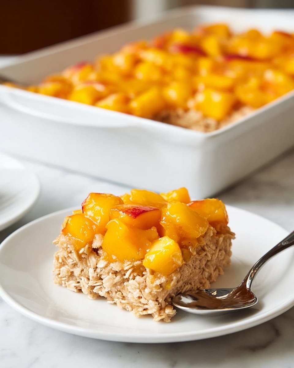 A small square piece of oatmeal bake sits on a white plate, topped with bright orange chunks of cooked peach that form a thick, uneven layer. The oatmeal layer beneath looks soft and slightly crumbly with a light beige color, holding the fruit in place. Behind it, a larger white baking dish full of the same peach-topped oatmeal bake is slightly out of focus. A silver spoon rests on the plate next to the baked piece. The whole scene is set on a white marbled surface, creating a clean and simple look. Photo taken with an iphone --ar 4:5 --v 7