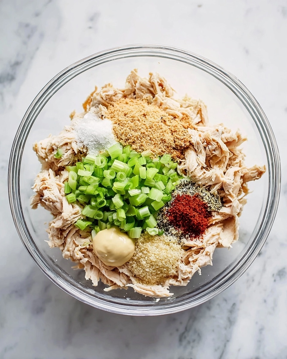 A clear glass bowl sits on a white marbled surface, filled with several layers of ingredients for a dish. At the bottom, there is shredded cooked chicken in a light beige color, loosely piled around the bowl’s edge. On top of the chicken, a neat mound of chopped light green celery and bright green chopped scallions sits together on one side. Near the center, there are small piles of several dry spices in rusty red, black, and white colors, along with light brown breadcrumbs. Next to the spices, two small dollops of creamy sauces in pale yellow and off-white are placed. The overall look shows all ingredients separate and ready to be mixed. Photo taken with an iphone --ar 4:5 --v 7