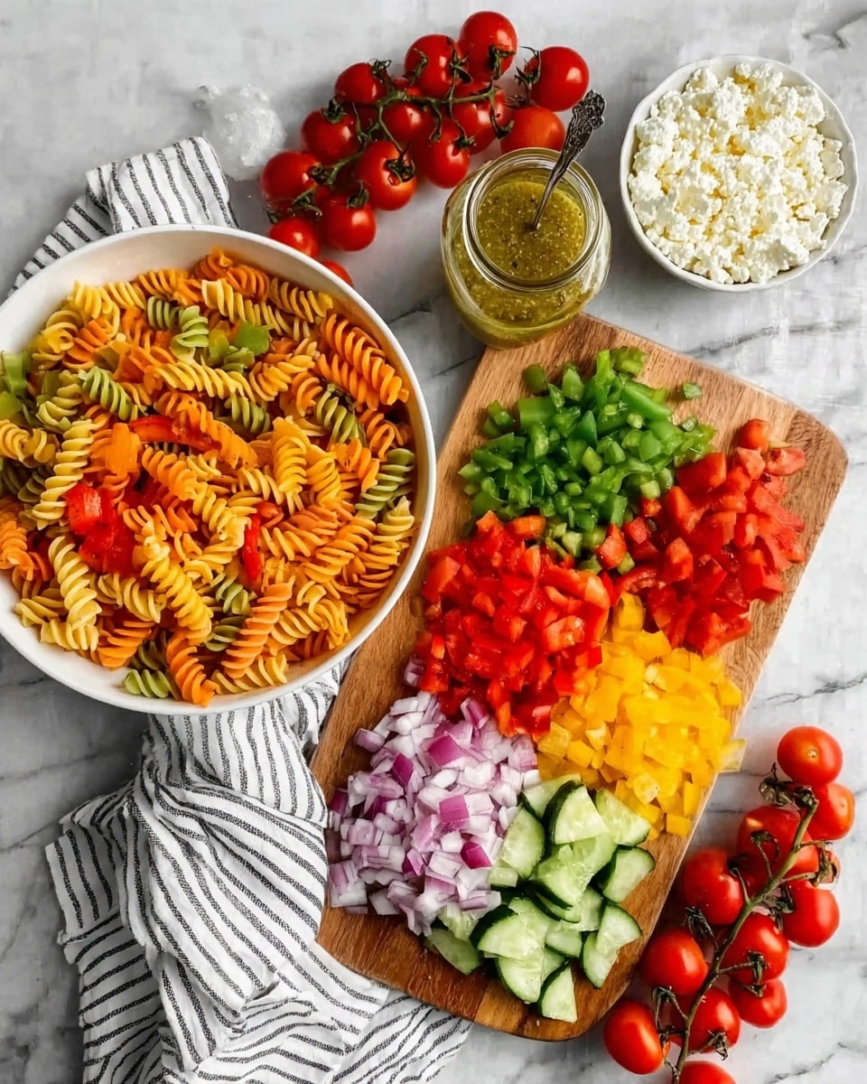 The image shows a white bowl filled with tri-color spiral pasta, mainly orange and green, placed on a white marbled surface. Next to it, there is a wooden board holding finely chopped vegetables arranged in neat sections: bright red tomatoes, green bell peppers, diced red onions, cucumber slices, and yellow banana peppers. On the top right corner of the board, there is a small bowl full of white crumbly cheese. Cherry tomatoes on the vine are scattered around the board and bowl, adding a fresh vivid red color. A jar of dressing with a greenish tint is positioned between the pasta bowl and the vegetable board. The entire setup rests on a white cloth with black stripes. photo taken with an iphone --ar 4:5 --v 7
