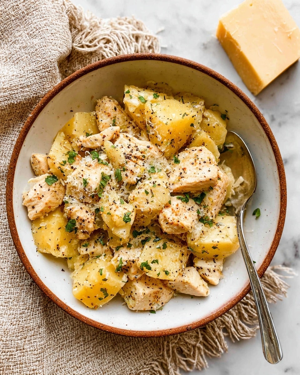 A white bowl with a brown rim holds a dish made of thick yellow potato chunks and light beige chicken pieces, seasoned with specks of black pepper and green herbs scattered on top. The ingredients look moist and tender with a slight shine from a sauce, and there is some grated cheese sprinkled over the top. A silver spoon is resting inside the bowl on the right side. Next to the bowl, on a white marbled surface, is a block of hard yellow cheese, and under the bowl is a textured beige cloth with fringed edges. photo taken with an iphone --ar 4:5 --v 7