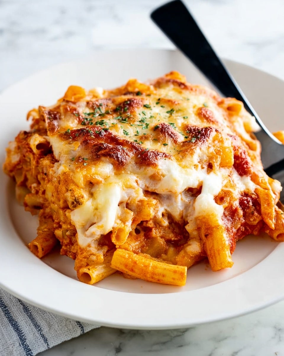 A white plate filled with baked pasta that has three visible layers. The bottom layer has a thick reddish-orange tomato sauce mixed with pasta pieces. The middle layer shows melted white cheese oozing over the pasta, creating a creamy look with some parts browning slightly from baking. The top layer is a golden-brown crust of melted cheese with small crispy edges and a sprinkle of green herbs. The plate sits on a white marbled surface, and a black-handled fork leans into the pasta on the right side. photo taken with an iphone --ar 4:5 --v 7