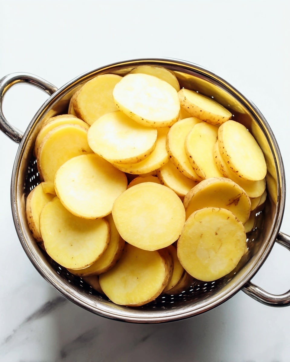A close-up image of many yellow potato slices stacked inside a metal colander with two handles. The potato slices are round, smooth, and slightly thick, showing natural potato skin spots on their edges. The colander sits on a white marbled surface. photo taken with an iphone --ar 4:5 --v 7