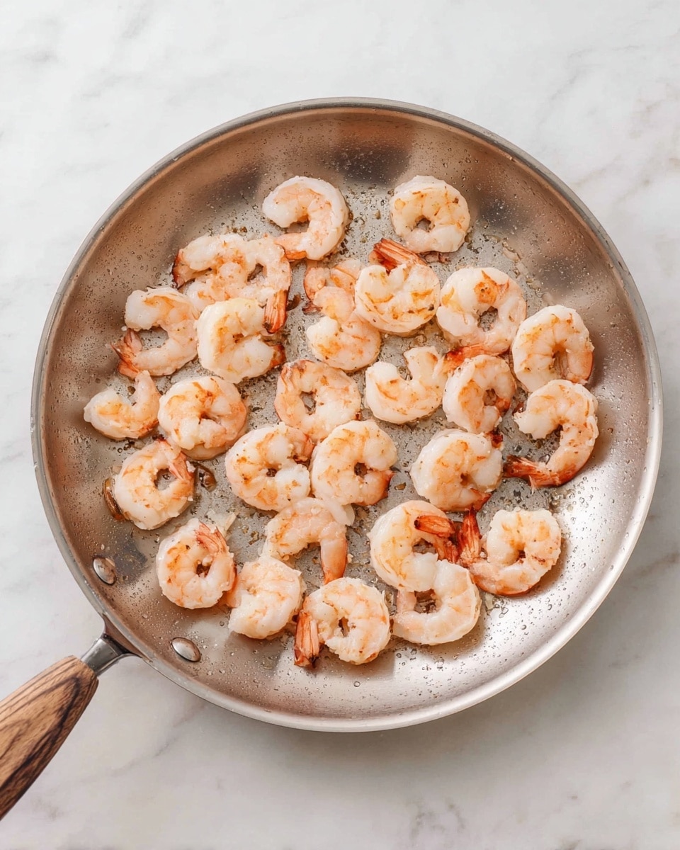 A silver frying pan filled with a single layer of cooked shrimp, evenly spread out and showing a pale pink color with slight orange accents, on a white marbled surface. The shrimp have a firm, slightly curled shape and a smooth texture with subtle grill marks, with no other food items visible in the pan. Photo taken with an iphone --ar 4:5 --v 7
