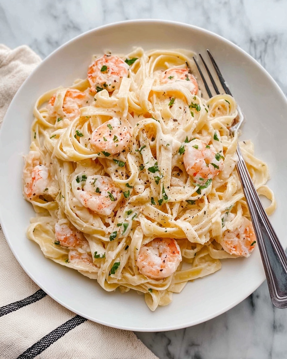 A white plate holds creamy fettuccine pasta mixed with pink shrimp scattered evenly throughout. The pasta is coated in a smooth off-white sauce with bits of green herbs sprinkled on top. Black pepper flakes give little specks of color on the sauce. On the right side of the plate, a silver fork is partly resting on the pasta with its handle reaching out of the frame. The plate sits on a white marbled surface with a cream and black striped cloth partially visible on the left side. photo taken with an iphone --ar 4:5 --v 7