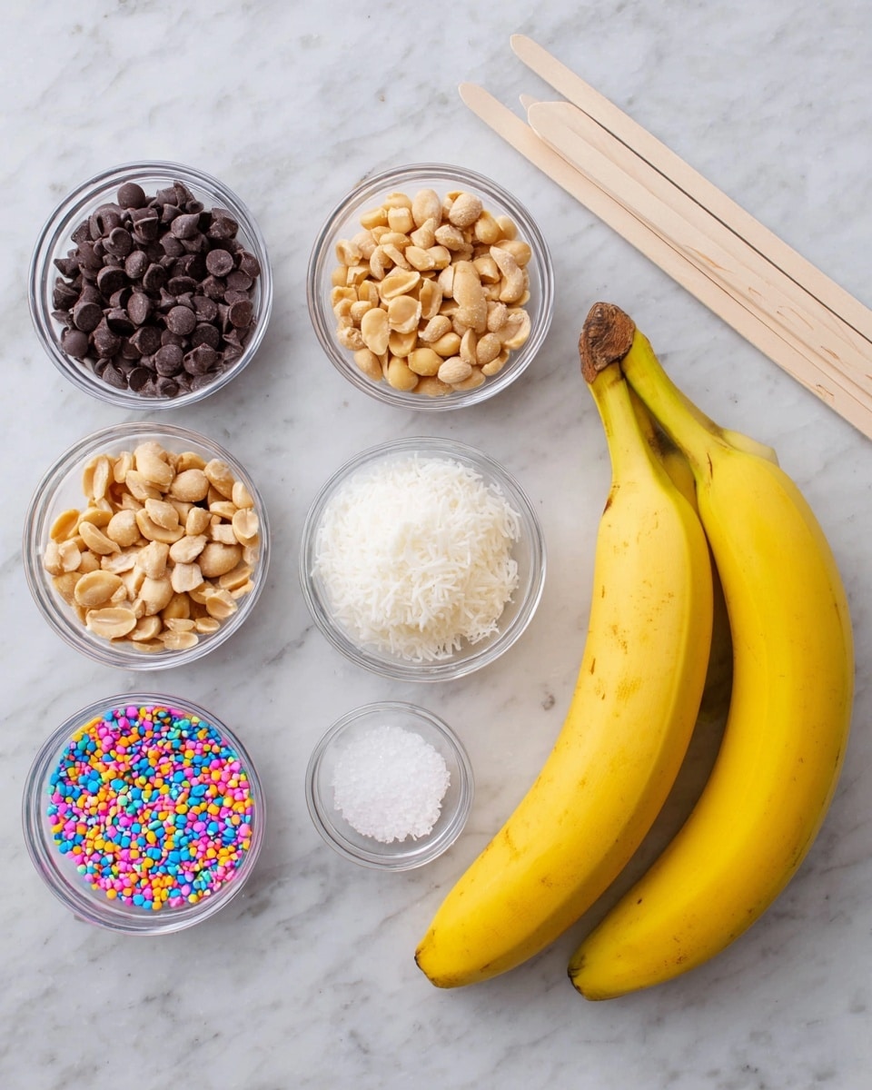 Four whole ripe yellow bananas are laid side by side on a white marbled surface on the right side of the image, with four light wooden craft sticks placed horizontally above them. On the left side, there are six small clear glass bowls arranged in a loose cluster. The largest bowl is filled with dark brown chocolate chips, below it is a bowl of light brown peanuts. Next to the chocolate chips is a bowl of white shredded coconut. Below the coconut is a bowl containing colorful round sprinkles in blue, pink, yellow, and orange. A small bowl with coarse white salt is placed next to the sprinkles, and a small clear container of a white substance, possibly coconut oil, sits empty or nearly empty near the bottom. The surface is clean and bright, and the overall arrangement is neat and organized. Photo taken with an iphone --ar 4:5 --v 7