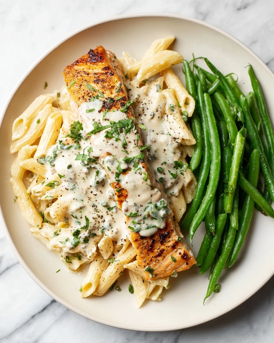 The dish shows a white plate on a white marbled surface, featuring three main parts: on the left, golden-brown grilled salmon topped with a creamy white sauce speckled with green herbs; below the salmon, pasta coated in the same creamy sauce with visible small green herbs and black pepper; on the right, bright green steamed green beans neatly arranged alongside the pasta and salmon, sprinkled lightly with black pepper. photo taken with an iphone --ar 4:5 --v 7