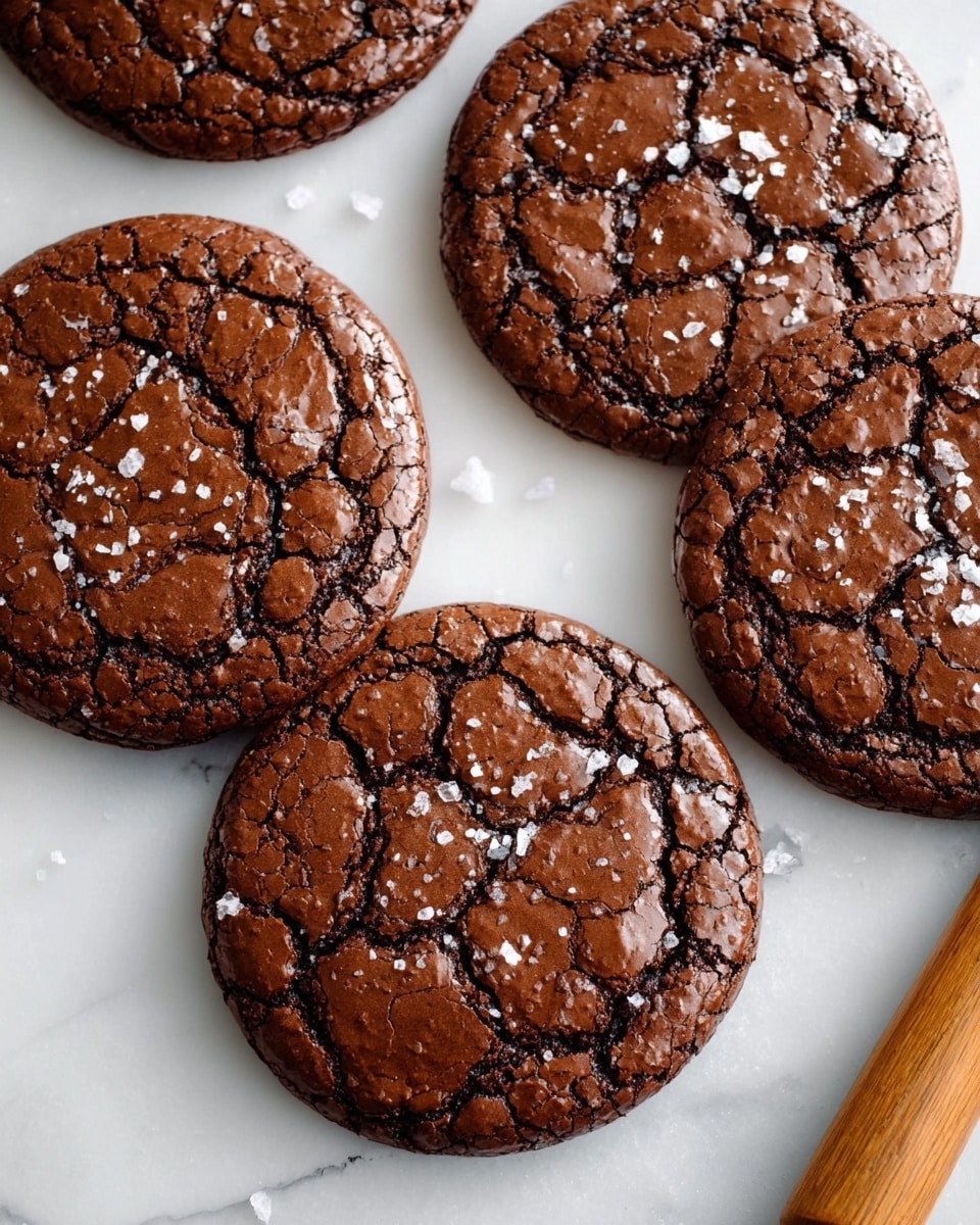 The image shows five round chocolate cookies with cracked, shiny dark brown tops sprinkled with coarse sea salt flakes. The cookies are evenly spaced on a white marbled surface, giving a clean and bright background that highlights their rich color and texture. The cookies have a slightly raised edge and a smooth center with intricate cracks spreading outwards. On the right edge of the image, there is a wooden-handled utensil partially visible, resting on the white marbled surface. photo taken with an iphone --ar 4:5 --v 7