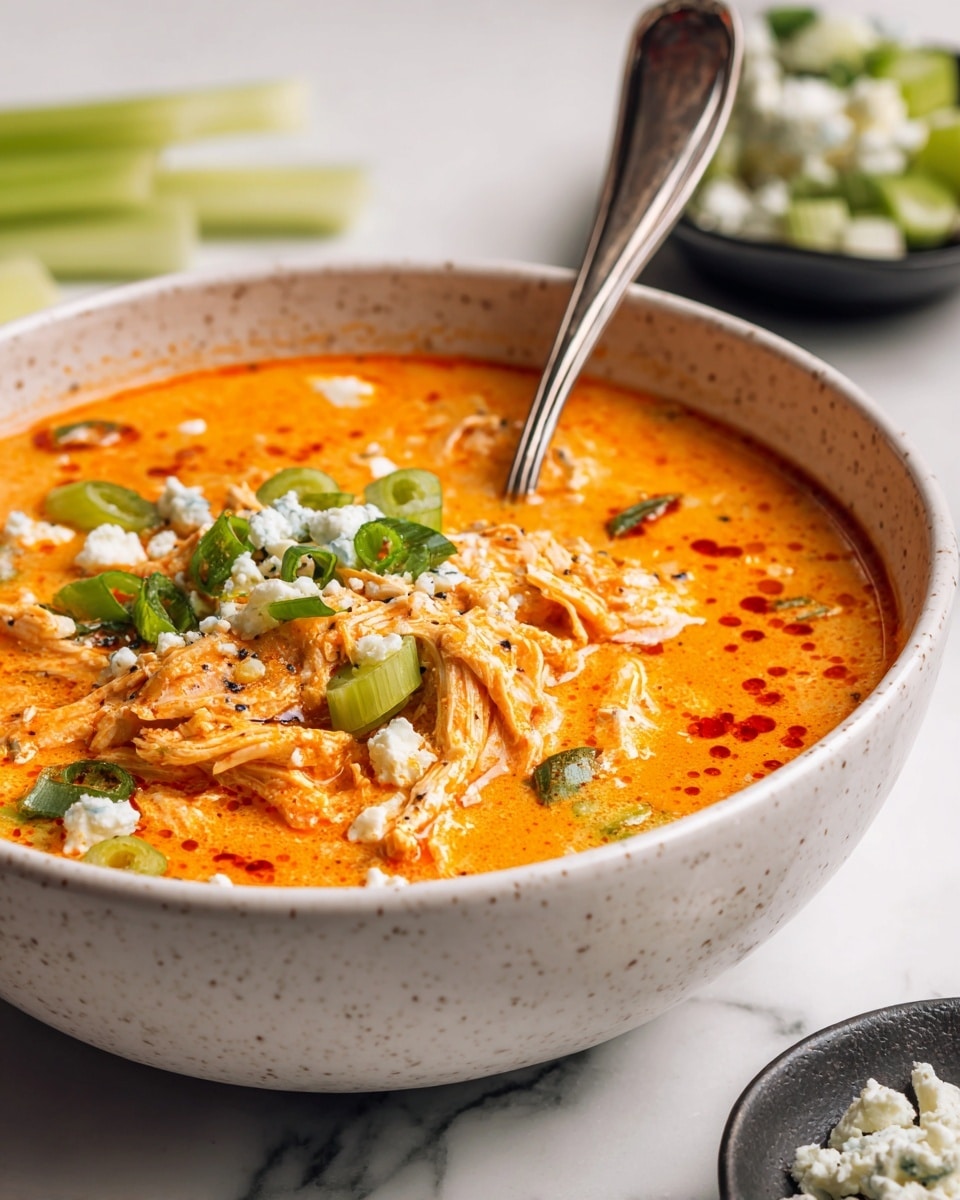 A close-up of creamy orange soup with visible shredded chicken mixed in, served in a speckled white bowl. The soup is topped with a layer of crumbled white cheese and bright green sliced scallions, with drops of red sauce scattered around the cheese. A silver spoon rests inside the bowl, partially submerged. Near the bowl, there are light green celery sticks and a small black dish holding more white crumbled cheese, all placed on a white marbled surface photo taken with an iphone --ar 4:5 --v 7