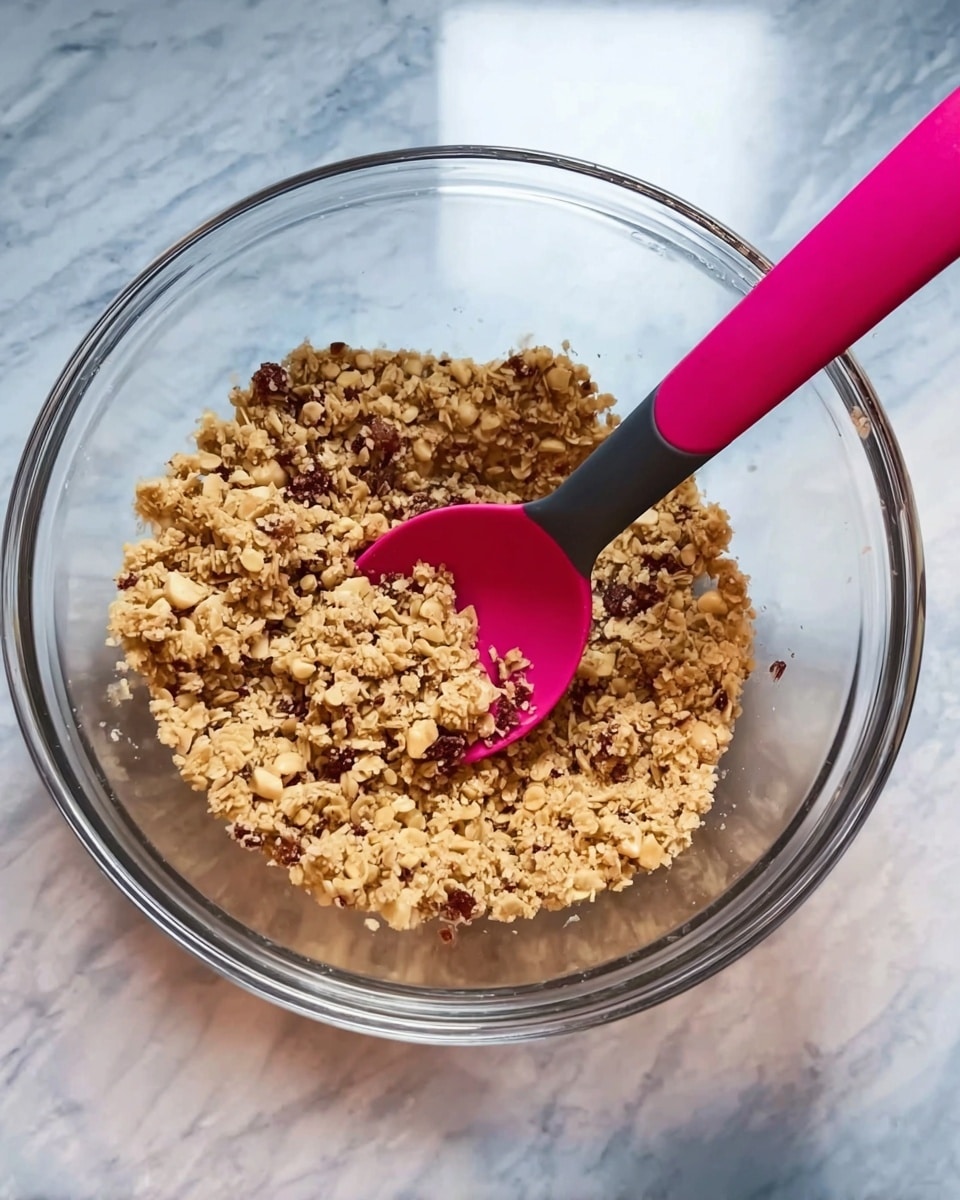 A clear glass bowl filled with one layer of light brown granola mix with small chunks of nuts, sitting on a white marbled surface. Inside the bowl, a pink and black silicone spoon rests upright, its scoop partly covered by the granola. The bowl is transparent, showing the texture of the granola from the side. Photo taken with an iphone --ar 4:5 --v 7