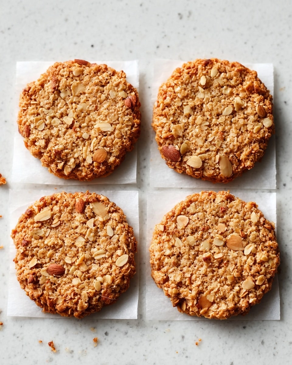 Four round oat and almond cookies with a rough and chunky texture are placed on squares of white parchment paper. Each cookie has a golden-brown color with visible oat flakes and whole almond pieces embedded evenly throughout. The cookies are arranged in a neat 2 by 2 grid on a white marbled surface, showing some crumb details around their edges. photo taken with an iphone --ar 4:5 --v 7