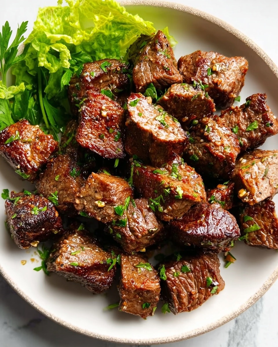 A white plate filled with many pieces of cooked beef, each piece browned with a crispy texture on the outside and tender inside. The beef cubes are scattered closely and topped with small bits of fresh green parsley. The plate rests on a white marbled surface, and there is a woman's hand holding some fresh green lettuce in the top left corner of the image. The lighting highlights the glossy shine on the beef pieces, showing their juicy texture. photo taken with an iphone --ar 4:5 --v 7