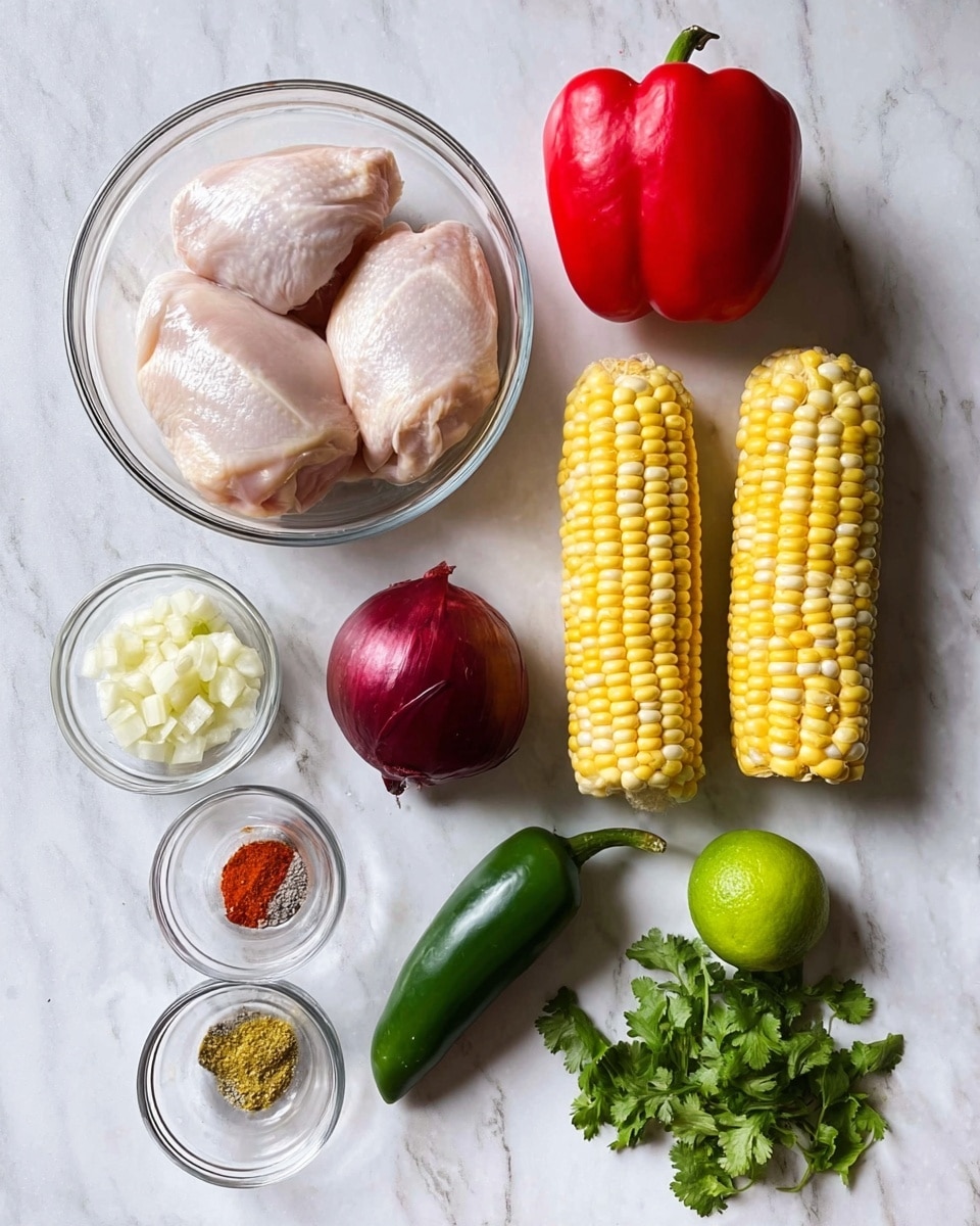 The image shows cooking ingredients arranged on a white marbled surface, including two raw pale pink chicken pieces in a clear glass bowl on the left, a whole red bell pepper at the top center, and four yellow corn cobs with some white spots placed near the top right. Below the bell pepper is a whole dark red onion, a dark green jalapeño pepper to its right, a small bunch of bright green cilantro to the right of the jalapeño, and a whole lime with a vibrant green peel below the jalapeño. Also present are three small clear bowls near the bottom left corner with finely chopped white garlic in the middle bowl, an oil in the right bowl, and a mix of spices including red paprika, black and white pepper, and salt in the left bowl. Photo taken with an iphone --ar 4:5 --v 7