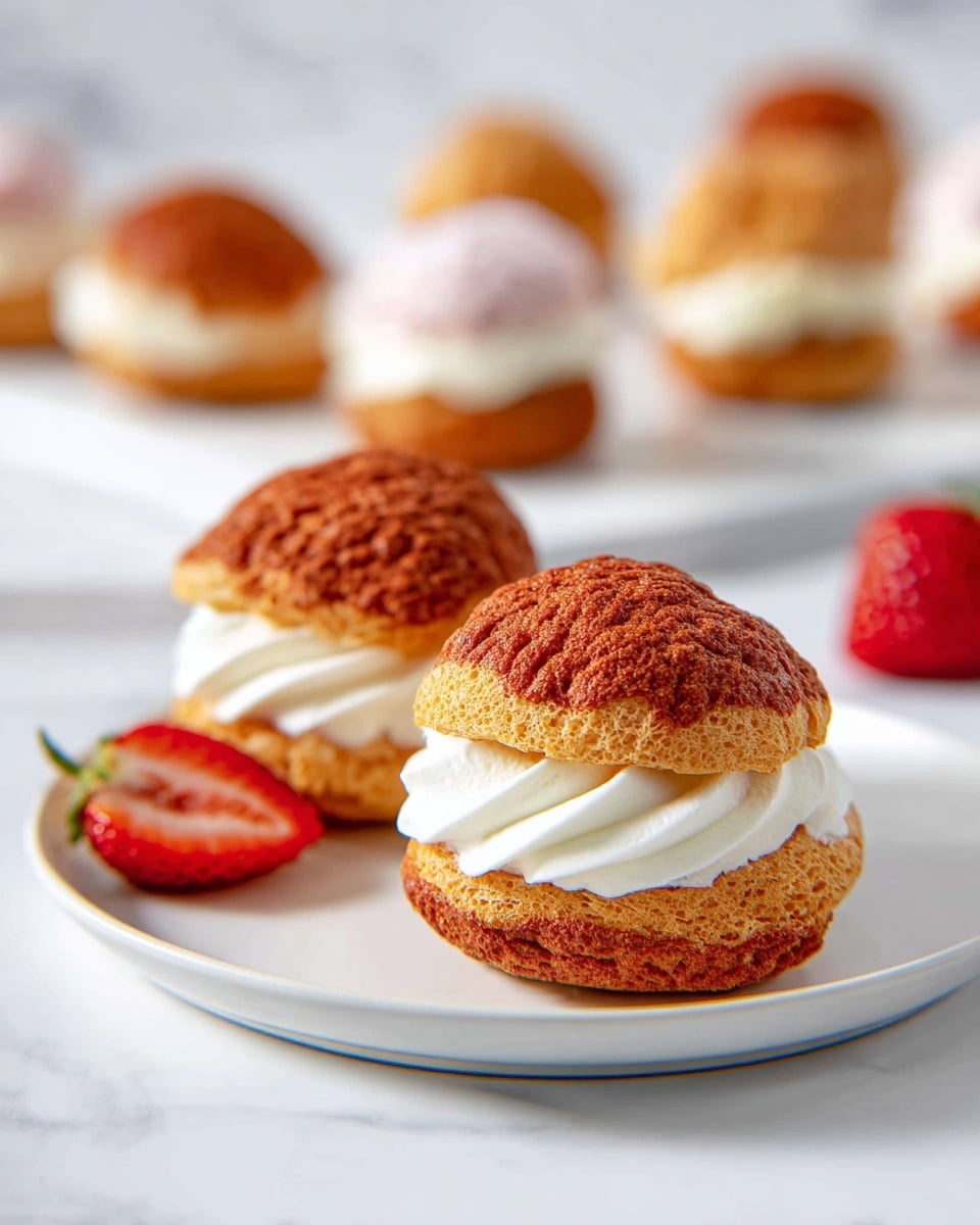 The image shows two small round cream puffs on a white plate with a single red strawberry beside them. Each cream puff has two layers: a golden brown choux pastry base and a crunchy textured top layer that is slightly darker brown. Between these layers, there is a swirl of white cream filling that looks smooth and soft. In the blurry background, more cream puffs and a few other dessert pieces sit on a white marbled surface. The light is bright and natural, highlighting the textures and colors of the pastries. photo taken with an iphone --ar 4:5 --v 7