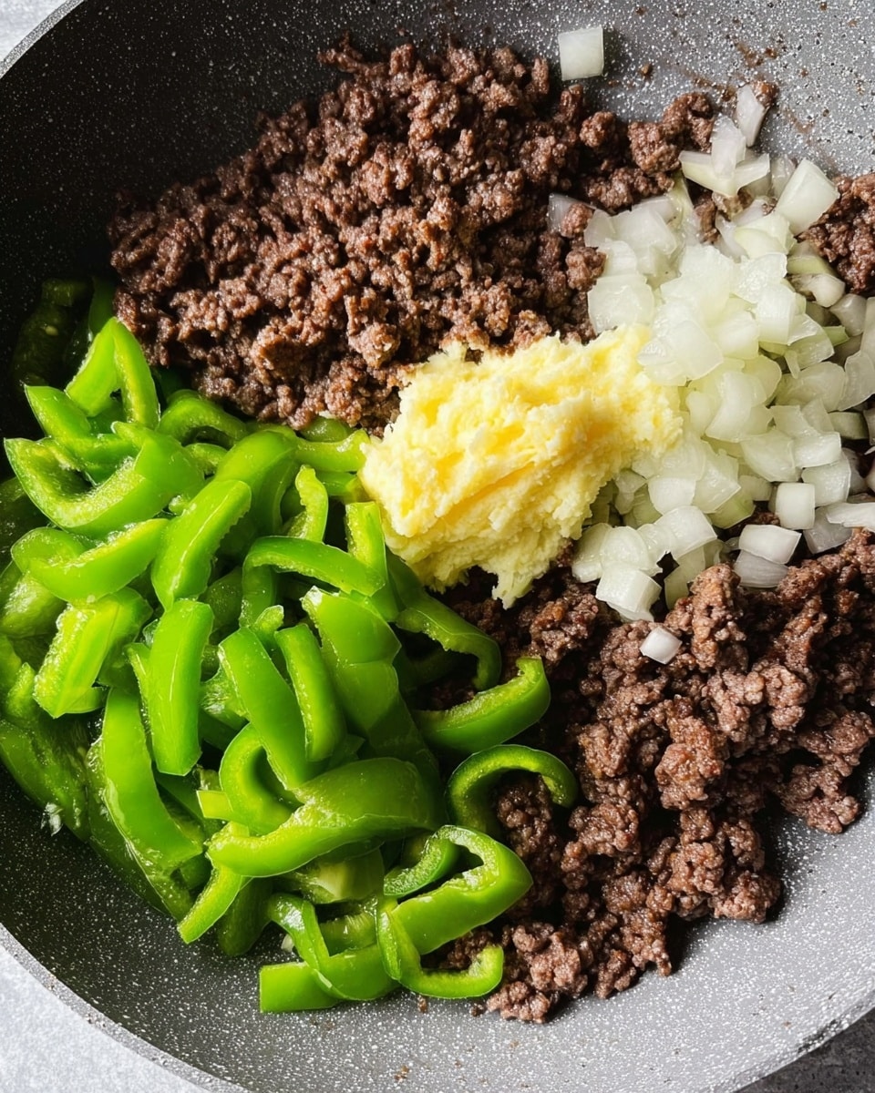The image shows a skillet with three distinct layers of ingredients: on the left and right are browned ground meat pieces with a rough texture and dark brown color, while on the top right, small white onion pieces create a soft, slightly translucent layer. In the center, there is a dollop of mashed light yellow garlic placed on top of the onions, adding a creamy texture. Finally, bright green bell pepper strips with a shiny, smooth texture cover the bottom left side, adding a fresh and crisp layer to the dish. The skillet itself has a grey surface with a non-stick texture. photo taken with an iphone --ar 4:5 --v 7