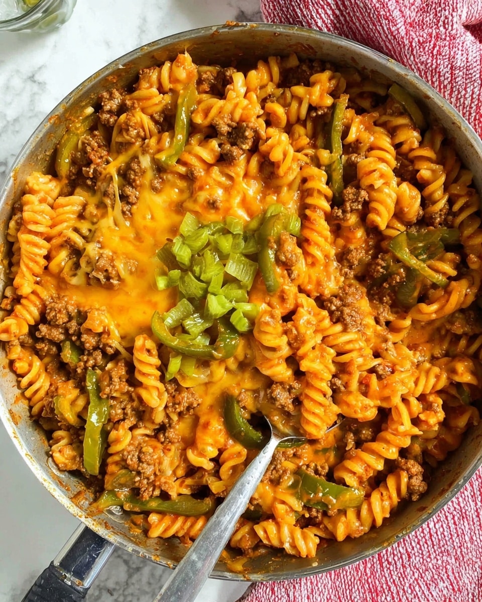 This image shows a pan filled with orange-colored rotini pasta mixed with browned ground meat and cooked green bell pepper slices. The pasta and meat are coated in a smooth, melted orange cheese sauce that covers most of the top layer. Small diced green pickles are sprinkled in the center on top of the cheese. A silver spoon rests inside the pan, scooping up some of the pasta mix. The pan is placed on a white marbled surface with a red and white striped cloth visible on the top right side. Photo taken with an iphone --ar 4:5 --v 7