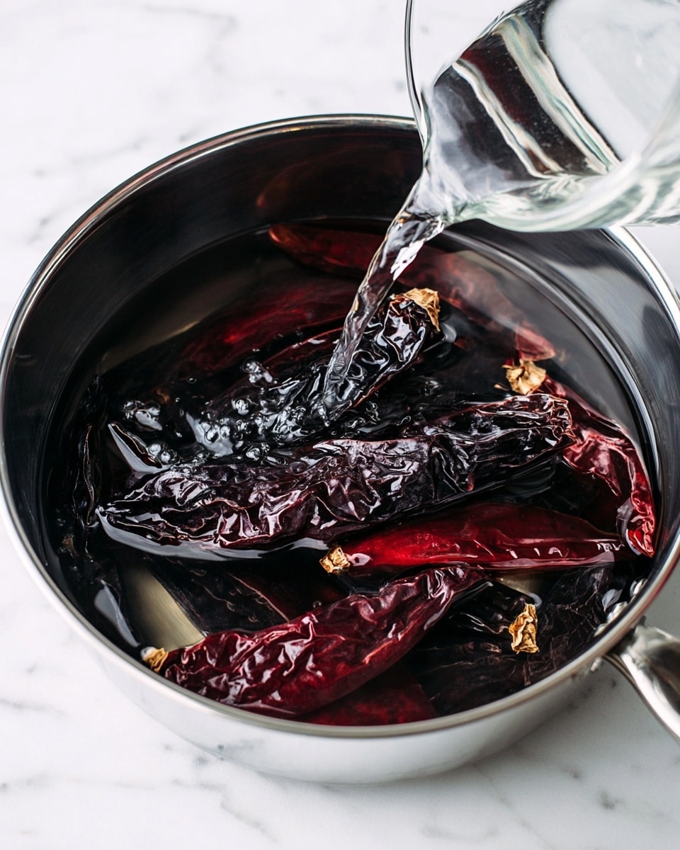 The image shows a silver pan filled with several dark red and almost black dried chili peppers soaking in clear water being poured from a transparent glass cup into the pan. The chilies have a wrinkled and shiny texture from the water, with some submerged and some floating. The pan rests on a white marbled surface, creating a clean and bright background. photo taken with an iphone --ar 4:5 --v 7