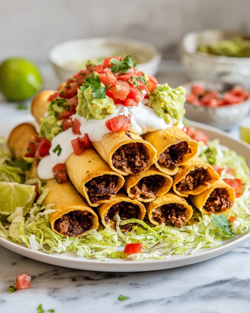 A white plate holds a stacked pile of rolled, golden-yellow tortillas filled with browned ground meat, arranged in two layers with the bottom layer supporting the top. The base is covered with shredded light green lettuce and scattered with small diced red tomato pieces. On top of the rolled tortillas, white sour cream is drizzled over, followed by dollops of green guacamole and more diced red tomatoes, garnished with fresh green cilantro leaves. The plate sits on a white marbled surface with a halved lime nearby, and two blurred bowls in the background. photo taken with an iphone --ar 4:5 --v 7
