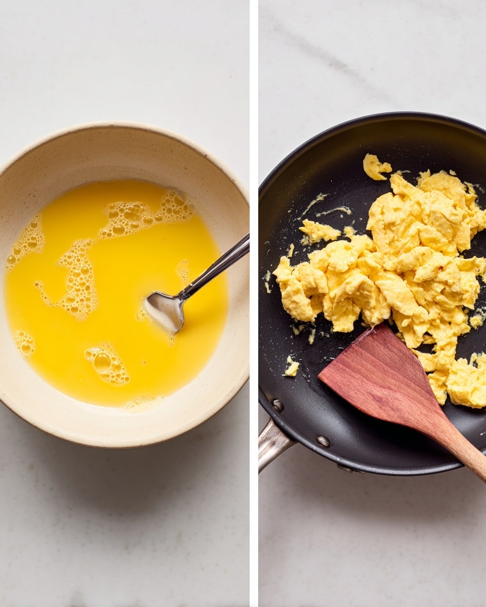 The image shows two scenes side by side on a white marbled surface. On the left, there is a light beige bowl filled with a bright yellow liquid mixture, likely beaten eggs, with small bubbles on top. A silver fork rests inside the bowl, partially submerged in the mixture. On the right, a white plate contains soft scrambled eggs with a fluffy texture in a pale yellow color. Next to the plate is a black frying pan with a wooden spatula resting inside it, coated with some bits of the scrambled eggs. The spatula has a smooth, flat blade that is reddish-brown in color. photo taken with an iphone --ar 4:5 --v 7