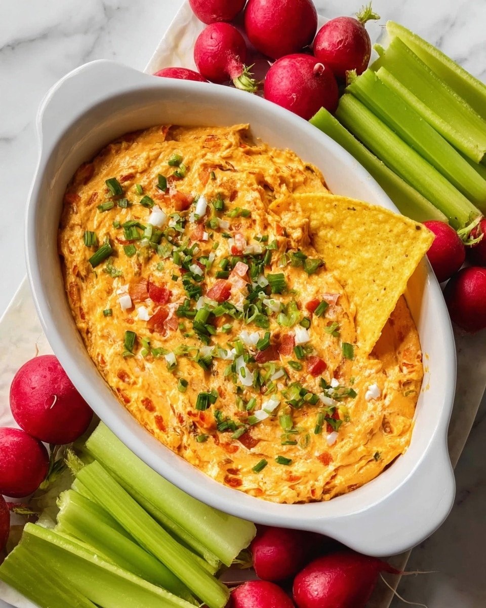 A white oval dish filled with three layers of dip: the bottom layer is a smooth orange cheese mix, the middle layer has small chunks of red and green ingredients mixed in, and the top layer is sprinkled with finely chopped green herbs and some white crumb-like bits. A single yellow tortilla chip is dipped into the top right corner of the dip. Around the dish, bright green celery sticks and red radishes are arranged on a white marbled surface. Photo taken with an iphone --ar 4:5 --v 7