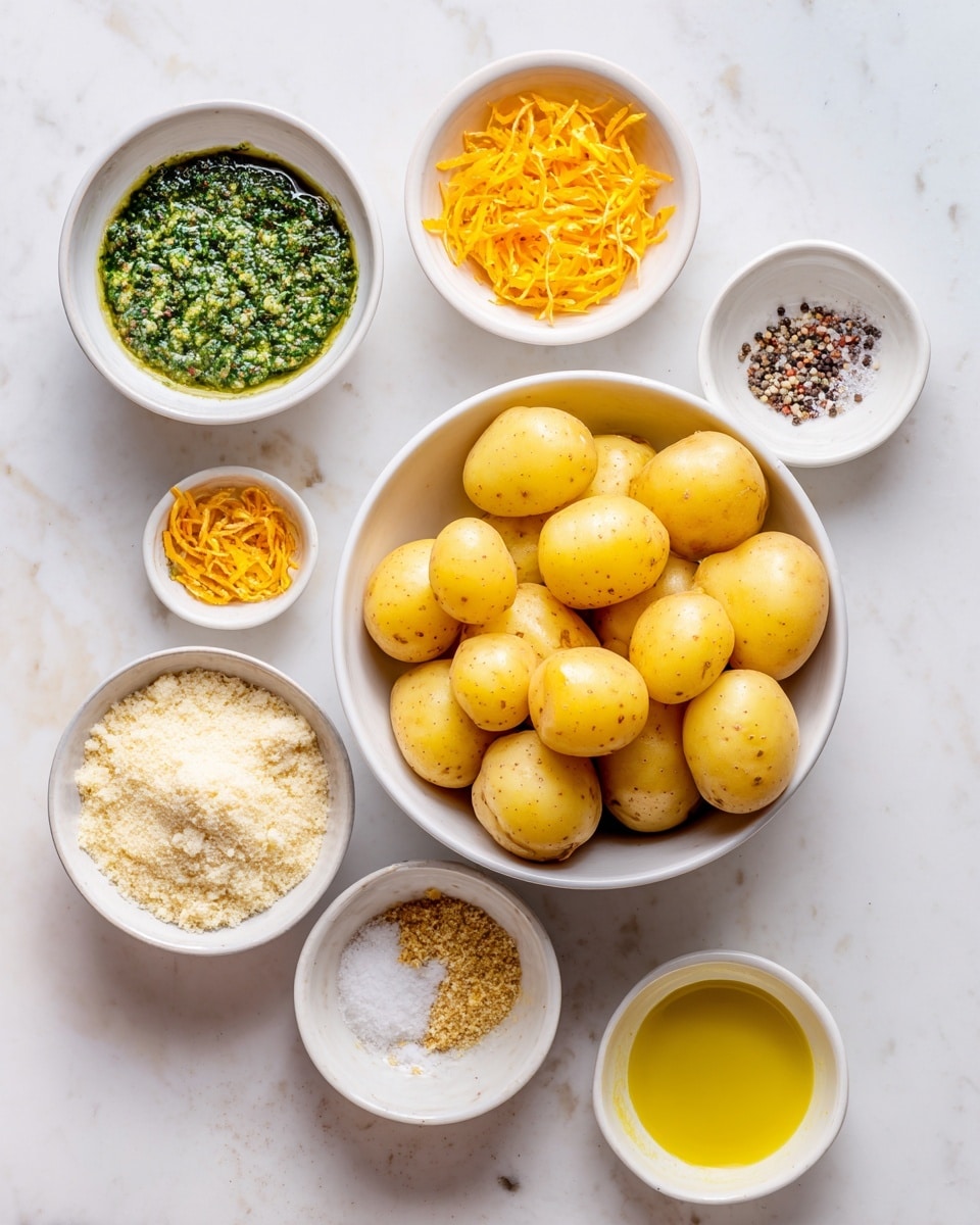 A top view of several small white bowls and one white bowl on a white marbled surface. In the middle, a white bowl is full of halved yellow baby potatoes with smooth skin and a soft texture. Around it, six small white bowls with different ingredients: a green herb paste with a coarse texture, finely shredded orange zest, a light yellow liquid, coarse salt and black pepper sides by side, a pile of light-colored breadcrumbs, and a golden yellow liquid that looks like olive oil. The ingredients are arranged in a loose circle around the potatoes photo taken with an iphone --ar 4:5 --v 7
