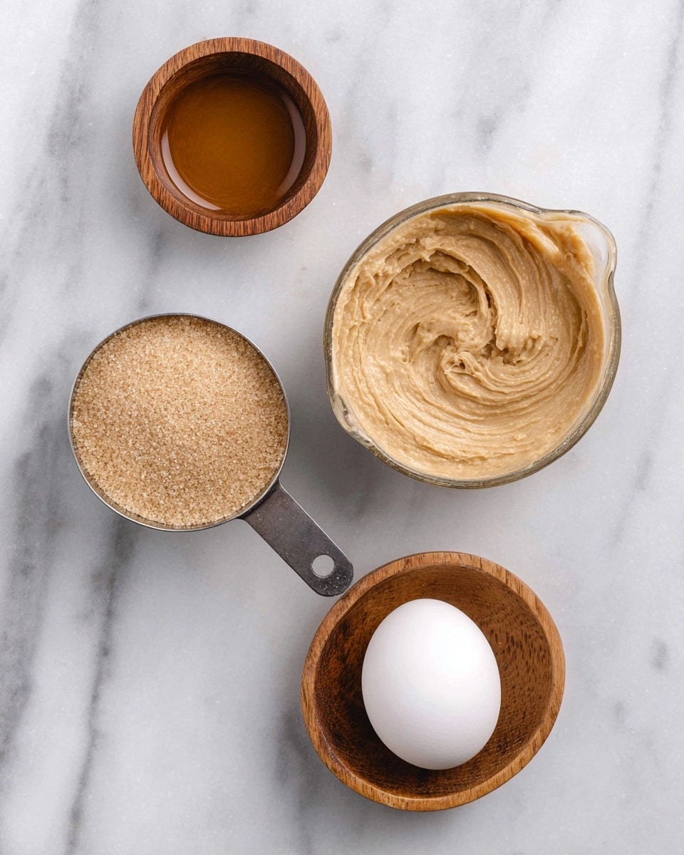 A top view of four ingredients arranged on a white marbled surface: a small wooden bowl with light brown liquid at the top left, a metal measuring cup with creamy light brown spread having a smooth texture and visible swirl marks at the top right, a small wooden bowl holding a single white egg at the bottom right, and a white bowl filled with light brown granulated sugar at the bottom left. The arrangement shows a clear contrast between the textures and colors of each ingredient. photo taken with an iphone --ar 4:5 --v 7