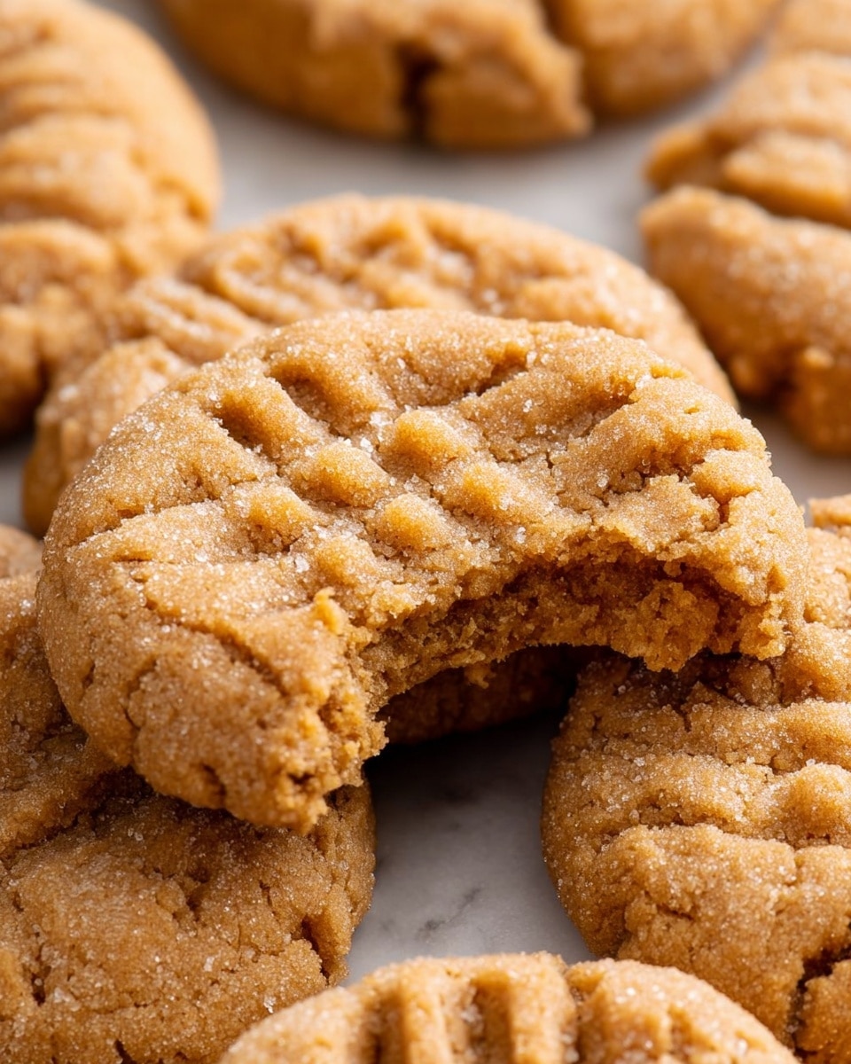 A close-up view of a single golden brown peanut butter cookie with a bite taken out of it, showing its soft and crumbly texture inside. The cookie has a ridged pattern on top created with a fork and is placed among many other similar cookies, all resting on a white marbled surface. The cookies have a slightly rough texture with visible sugar crystals and a warm, baked color. Photo taken with an iphone --ar 4:5 --v 7
