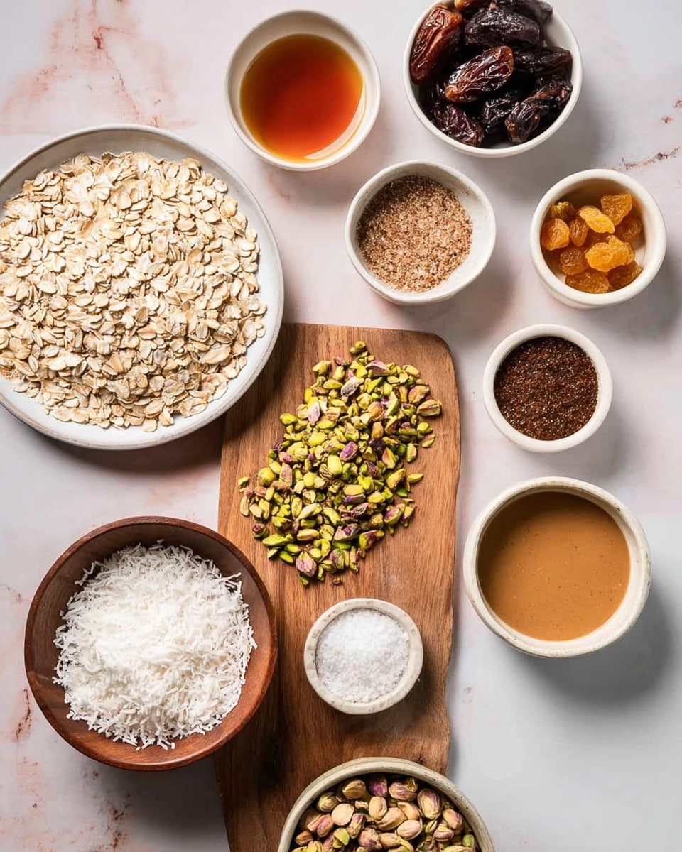 The image shows an arrangement of various dry ingredients on a white marbled surface. There is a white plate full of light beige rolled oats on the top left, and next to it, several small white and brown bowls hold different items: a clear amber liquid, a tan spice mix, golden raisins and dark brown dates, white coarse salt, and dark ground flaxseed or similar powder. In the center, a small wooden cutting board displays a pile of chopped green and brown pistachios. Below, a brown bowl contains a heap of fine, white shredded coconut, and next to it, a white bowl is filled with light brown nut butter or creamy sauce. The colors include beige, brown, green, white, and amber, with all items neatly placed and clearly visible. photo taken with an iphone --ar 4:5 --v 7