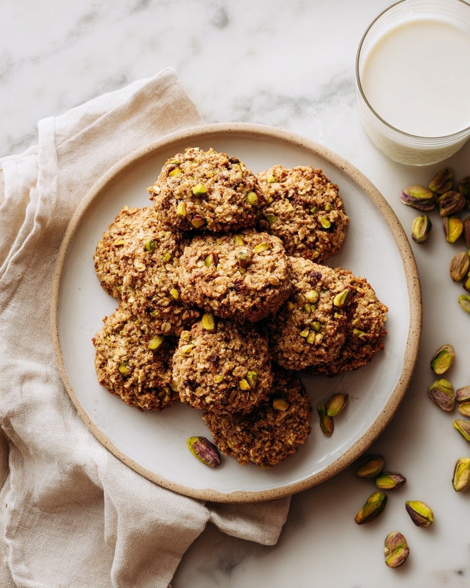 A round white plate lined with a light beige cloth holds a pile of small, round cookies. The cookies are brown with a rough texture from oats and visible pieces of green pistachios and golden raisins. The plate is on a white marbled surface, with some scattered pistachios nearby and a glass of milk with foam on the right side. The scene is bright and simple, showing the homey, rustic look of the cookies photo taken with an iphone --ar 4:5 --v 7