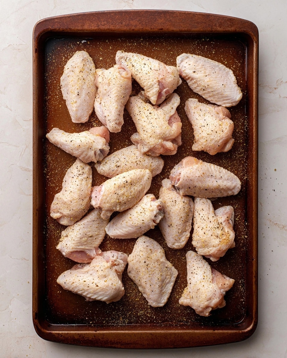 A brown baking tray holds fourteen raw chicken wings spread out evenly. Each wing is pale pink and white with soft skin texture, coated with a light sprinkle of black pepper and a pale yellow seasoning. The tray sits on a white marbled surface, with some seasoning scattered around the wings. The overall look is clean and ready for cooking. photo taken with an iphone --ar 4:5 --v 7