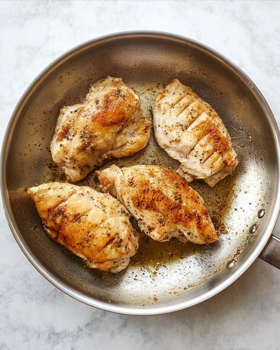 A metal pan contains four pieces of cooked chicken with a light brown color and some black pepper visible on top. The chicken pieces have a slight golden crust on parts and a soft white interior. The pan has a shiny, slightly oily surface with some browned bits stuck to it. The background is a white marbled texture. photo taken with an iphone --ar 4:5 --v 7