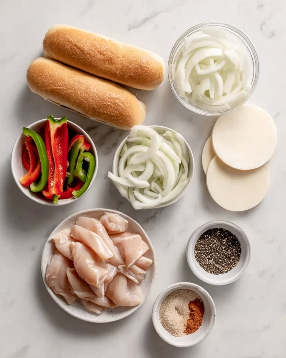 The image shows the ingredients neatly arranged on a white marbled surface. Two soft sandwich rolls with light brown crust are placed diagonally on the left. At the center, three small white bowls hold different items: one with sliced red and green peppers, another with thin white onion slices, and the third with raw chicken pieces. On the top right, there is a small white bowl filled with black and white pepper, and next to it, a stack of three round white cheese slices. At the bottom right, a small white bowl contains seasoning of black pepper and a light brown powder. The scene is bright and clean, showing fresh ingredients ready to be used. Photo taken with an iphone --ar 4:5 --v 7