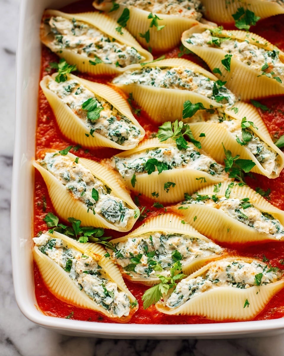 A white rectangular baking dish filled with large pasta shells arranged in two rows, each shell stuffed with a creamy white cheese mixture speckled with green spinach bits. The shells sit on a bright red tomato sauce base, and the finished shells are sprinkled with fresh green chopped herbs. The dish is placed on a white marbled surface. Photo taken with an iphone --ar 4:5 --v 7