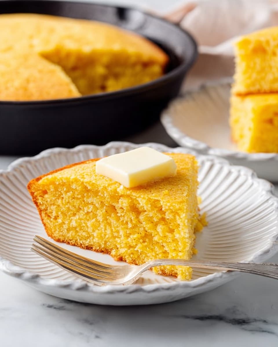 A slice of yellow cornbread with a small square of butter melting on top sits on a white scalloped plate, showing a soft and crumbly texture. The plate is placed on a white marbled surface next to a silver fork lying at the bottom edge of the slice. In the background, there is a black cast iron skillet holding the rest of the cornbread and another white scalloped plate with more cornbread pieces. The scene is softly lit, highlighting the warm golden color and light texture of the bread. photo taken with an iphone --ar 4:5 --v 7