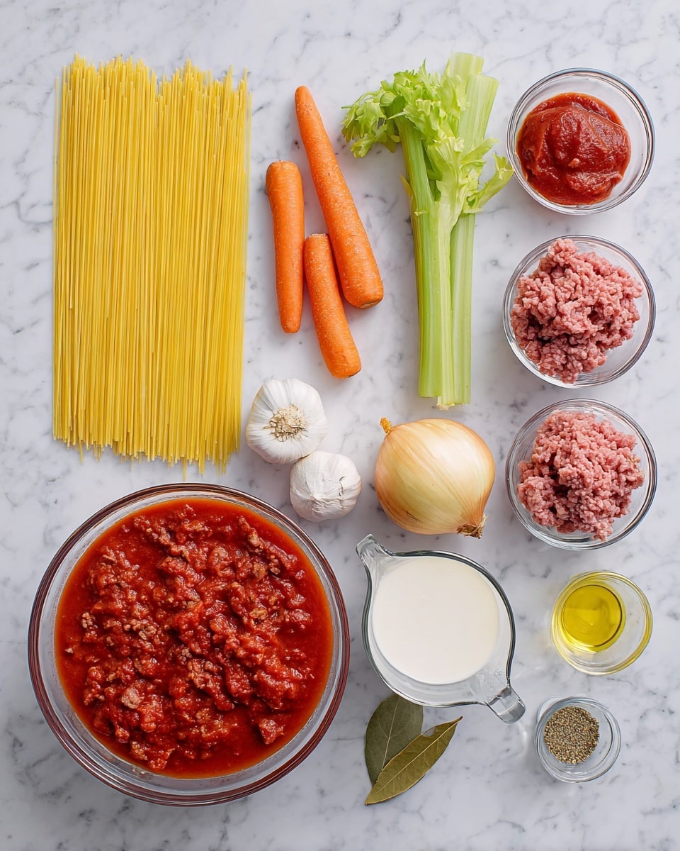 The image shows raw ingredients for making a meat pasta sauce neatly spread on a white marbled surface. There is one layer of uncooked yellow spaghetti on the left side, two medium-sized orange carrots and three green celery stalks placed above it. Near the top right corner are two small clear bowls containing red tomato paste and ground raw meat. Below them, a large clear bowl filled with chunky red tomato sauce takes the center position. A small glass measuring cup with white cream is in the bottom right corner. Around the bowls and vegetables, there are small items like two garlic cloves, one yellow onion, a small bottle of olive oil, a dried bay leaf, and two tiny glass bowls with dried herbs and mixed spices. Everything is arranged in a neat and organized way on the cool-toned marble background photo taken with an iphone --ar 4:5 --v 7