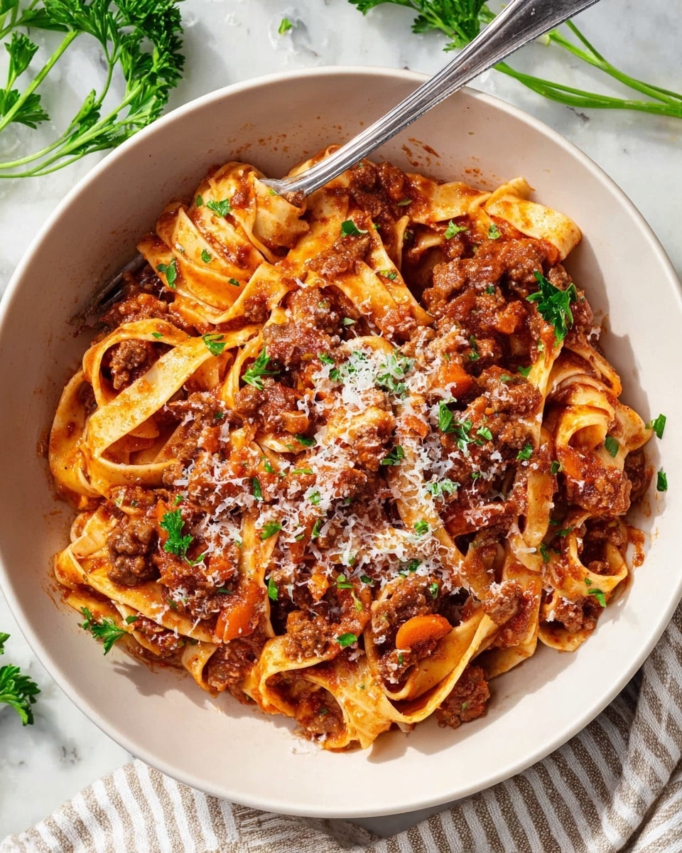 A round white bowl holds a serving of pasta with thick, flat noodles coated in a rich, chunky red meat sauce. The sauce has visible pieces of browned meat and small bits of orange carrot mixed throughout. The pasta is topped with a light sprinkle of grated cheese and small green parsley leaves scattered over the top. A metal fork is placed inside the bowl on the left side, partially resting on the noodles. The bowl is set on a white marbled surface with part of a striped cloth and some fresh parsley sprigs nearby. Photo taken with an iphone --ar 4:5 --v 7