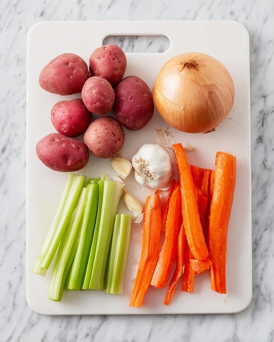 The image shows a white cutting board placed on a white marbled surface. On the cutting board, there are seven small red potatoes grouped together on the left side. To the right of the potatoes, there is one medium-sized brown onion and below it, a bulb of garlic with some of the outer skin peeled. On the right edge of the board, three long, bright orange carrots are laid out in a row. Below the garlic and near the bottom left edge, there are four green celery stalks placed horizontally. The colors are fresh and natural, showing the raw vegetables clearly. Photo taken with an iphone --ar 4:5 --v 7