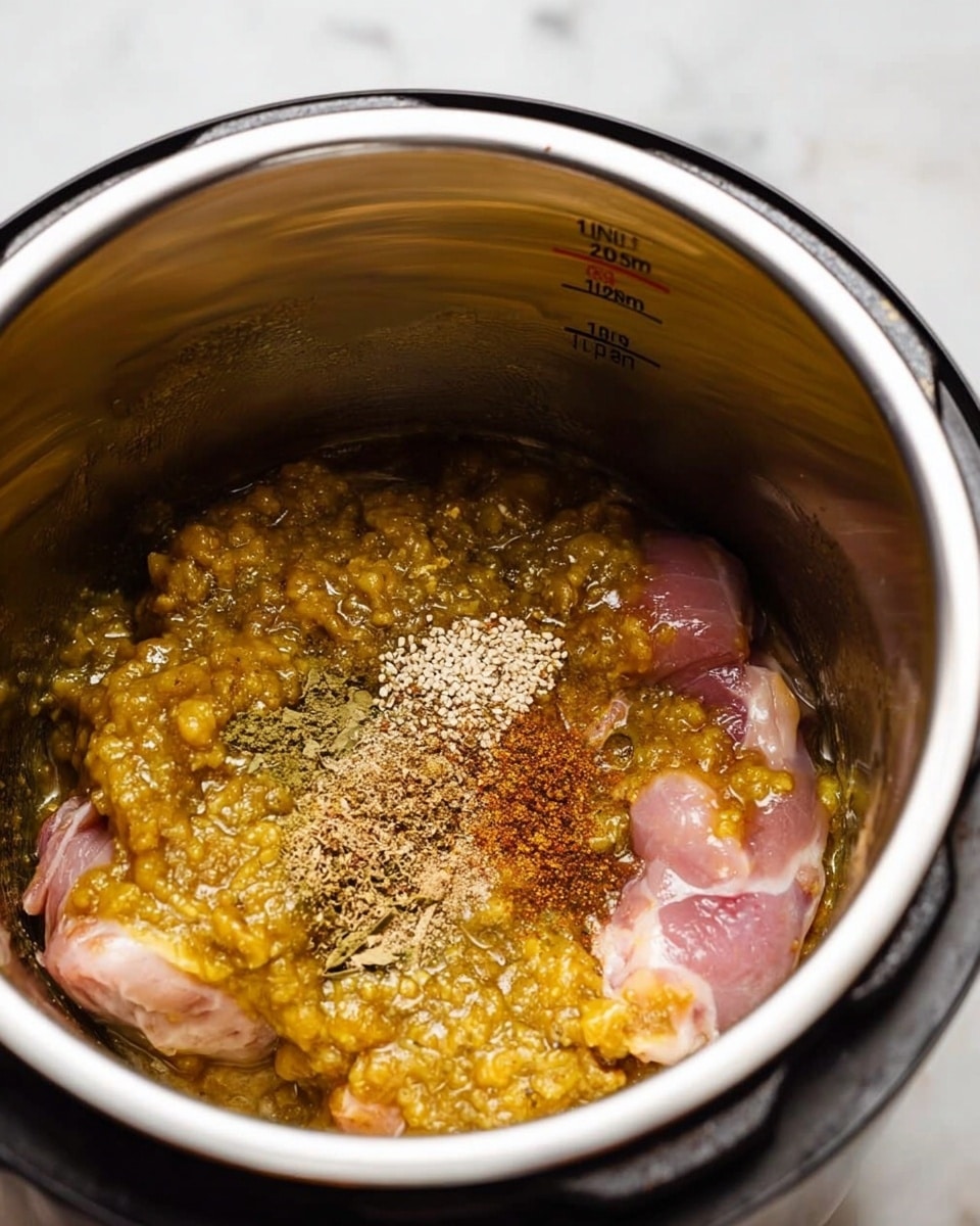 Inside a silver metal pot, there is a mixture with three main parts visible: a chunky yellowish sauce with bits, partially covered pieces of pink raw meat beneath the sauce, and a small pile of brown and beige spices on top near the center. The pot has measurement marks on its side, showing a clean, polished inside. The background is a white marbled texture. photo taken with an iphone --ar 4:5 --v 7