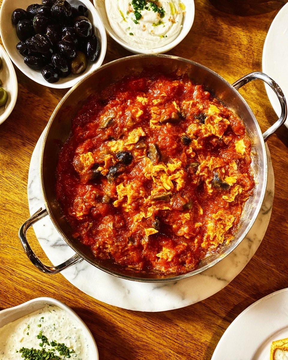 A round metal pan with two small handles holds a thick, red sauce mixed with small pieces of light yellow eggs and bits of brown mushrooms or vegetables, creating a textured, uneven surface on top. The pan sits on a white plate placed on a wooden table. Around it, there are small white dishes containing black olives and white creamy dips with green bits. The whole scene is set on a white marbled surface. photo taken with an iphone --ar 4:5 --v 7