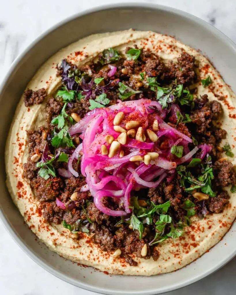 Hummus with Spiced Ground Beef and Lemon Pickled Onions Recipe