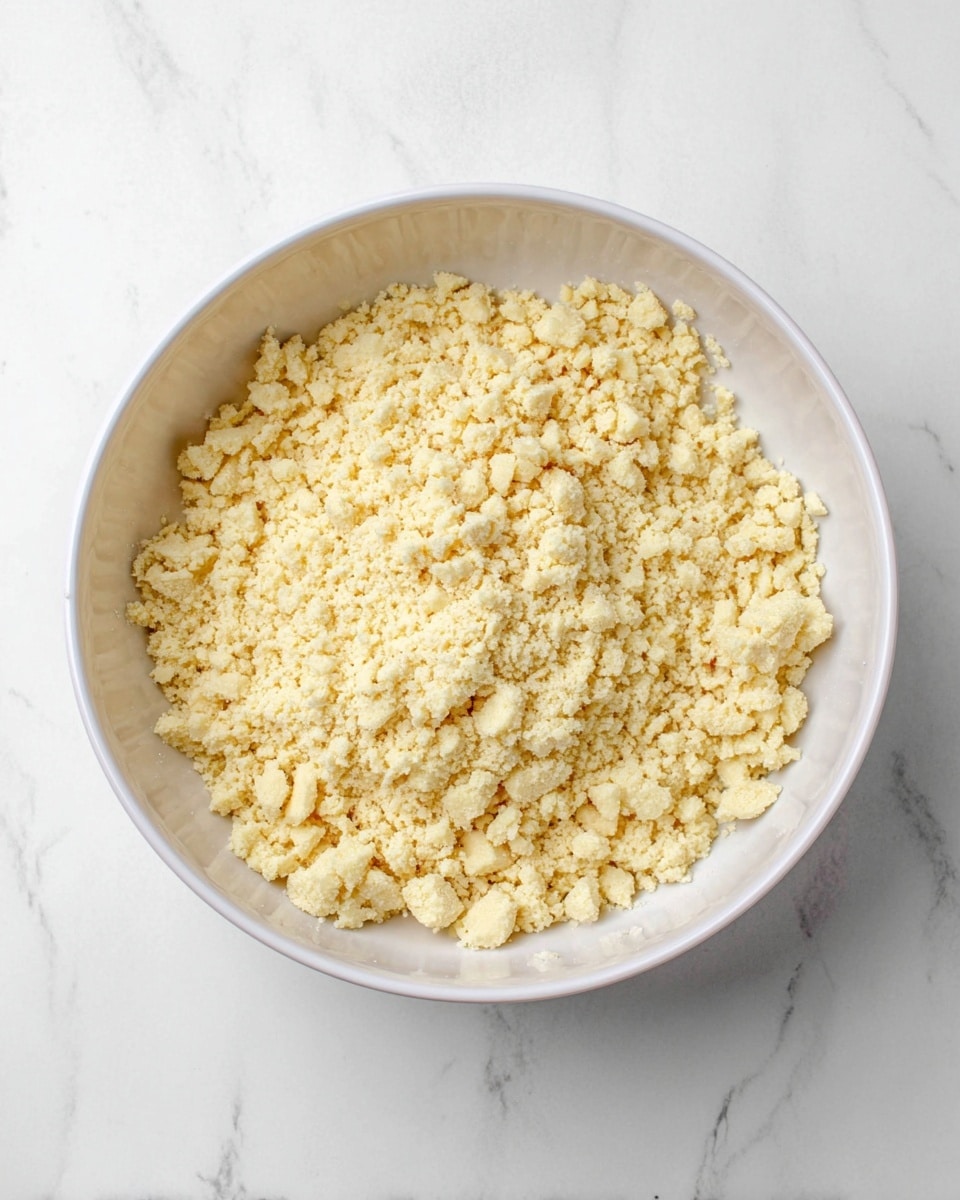 A white bowl filled with a single layer of light yellow crumbly dough pieces, showing a rough texture with small and medium-sized chunks evenly spread within the bowl. The bowl sits on a white marbled surface, adding a clean and simple backdrop to the image. photo taken with an iphone --ar 4:5 --v 7