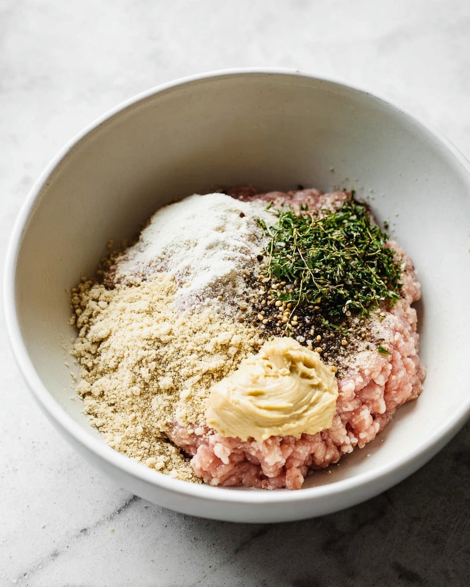 A white bowl holds several layers of ingredients arranged separately but close together. The bottom layer is pale pink raw ground meat, sitting flat in the bowl. On the left side, a light beige crumbly powder is spread. A smaller mound of white powder is near the center-right with a sprinkling of dark black pepper and green chopped herbs on top. Close to this, a clump of creamy light mustard yellow sits on the ground meat. The bowl rests on a white marbled surface with soft lighting that highlights the textures. photo taken with an iphone --ar 4:5 --v 7