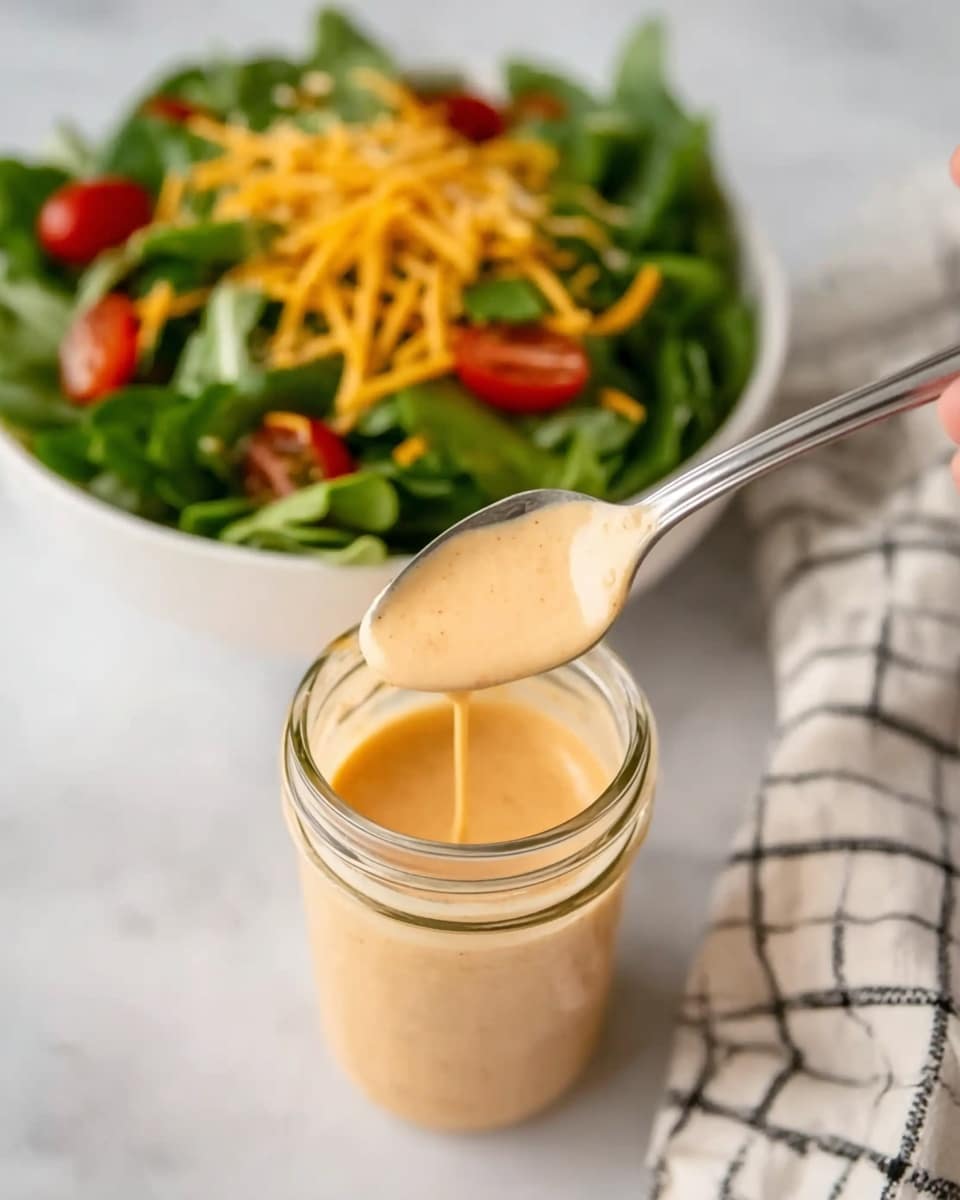 The image shows a close-up of a spoon held by a woman's hand, dipped into a jar filled with light orange creamy dressing. The jar is in front, with a white bowl in the background filled with fresh green leafy salad, topped with small red cherry tomatoes and a sprinkle of shredded yellow cheese. The scene is set on a white marbled surface with a white and black checkered cloth partially visible on the side. The focus is on the spoon and dressing, with the salad softly blurred behind it. Photo taken with an iphone --ar 4:5 --v 7