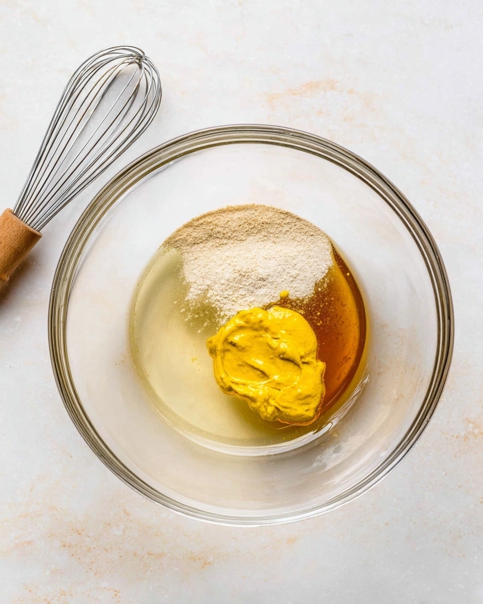 In a clear glass bowl placed on a white marbled surface, there are four distinct layers of ingredients sitting separately. At the bottom left is a light translucent layer of liquid, next to it on the right is a bright yellow mustard dollop with a smooth texture. Above these is an amber-colored oily layer, with a small pile of fine off-white powder placed near the top center. A metal whisk with a wooden handle lies on the white marbled surface to the left of the bowl. photo taken with an iphone --ar 4:5 --v 7