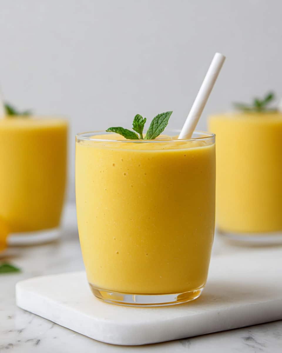 A clear glass filled with a thick, smooth yellow mango smoothie, topped with a small green mint leaf placed in the center, and a white paper straw leaning inside the glass from the top right side; the glass sits on a white marbled surface with a white tray underneath. In the blurred background, two more glasses filled with the same yellow smoothie are visible. Photo taken with an iphone --ar 4:5 --v 7