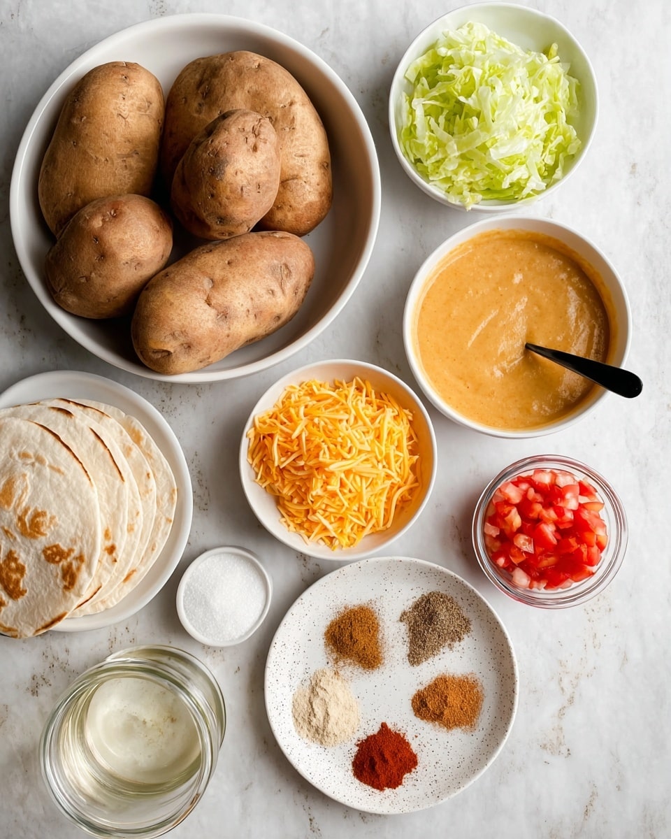 The image shows several white bowls and plates on a white marbled surface, each containing different ingredients. One large white bowl holds three whole brown potatoes with rough textures. Next to it is a small white bowl with shredded green lettuce and another small white bowl filled with finely shredded orange cheddar cheese. There is also a small white plate with white powder, a stack of three soft white tortillas with light brown spots, and a small bowl with diced red tomatoes. A glass jar contains a smooth, creamy orange sauce with a black spoon inside. Another white bowl holds a clear liquid, and a speckled white plate displays various spices in small heaps, including brown, red, and beige powders. Photo taken with an iphone --ar 4:5 --v 7