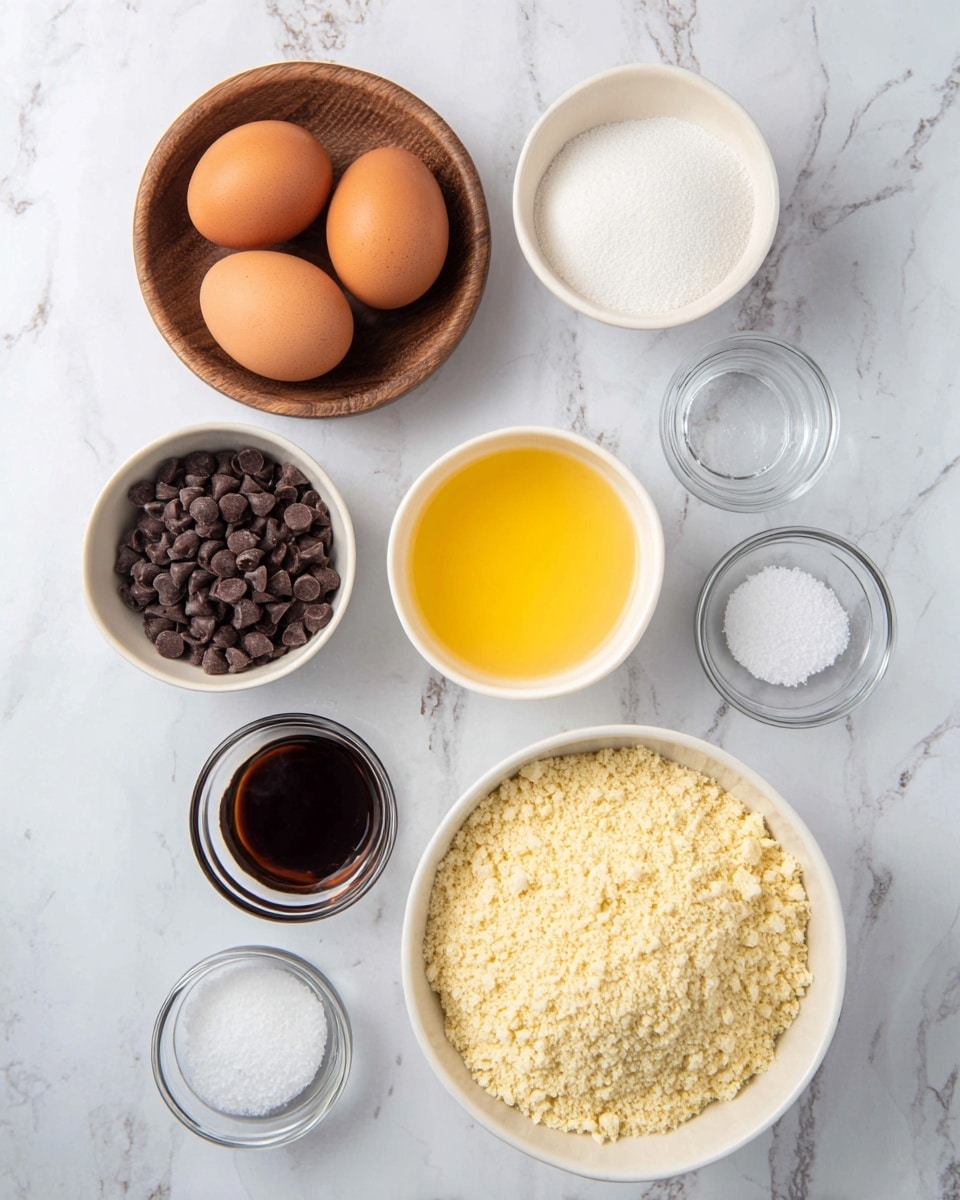The image shows seven bowls placed on a white marbled surface. At the top left, a wooden bowl holds three brown eggs. To the right, a white bowl is filled with white granulated sugar. Below these, a small white bowl contains melted butter, bright yellow and smooth. Next to the butter, a white bowl has dark brown chocolate chips. A small glass bowl with dark brown vanilla extract sits below the eggs, with two other smaller glass bowls nearby containing white salt and white powder, likely baking soda or powder. At the bottom of the image, a large white bowl is filled with pale yellow almond flour, crumbly in texture. Photo taken with an iphone --ar 4:5 --v 7