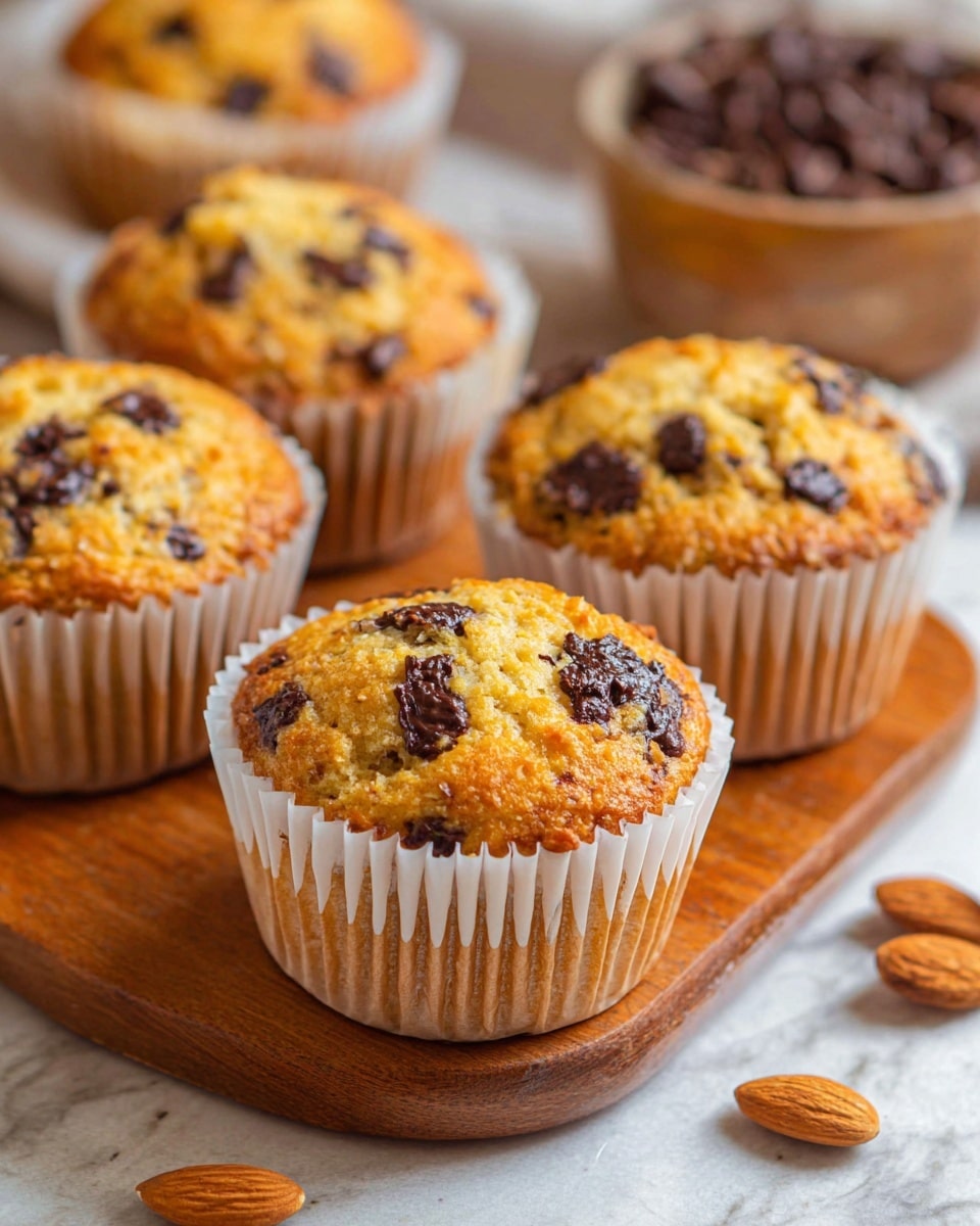 The image shows a close-up view of five muffins placed on a wooden board, with a white marbled background. Each muffin has a golden brown top with a slightly rough texture and is dotted with dark chocolate chips, some melted and some solid. The muffins are wrapped in white paper liners with a crinkled edge, and the muffins appear soft with a moist crumb inside. In the background, there are some scattered whole almonds and more muffins slightly out of focus. The scene is bright and cozy, highlighting the warm, baked colors and textures. Photo taken with an iphone --ar 4:5 --v 7