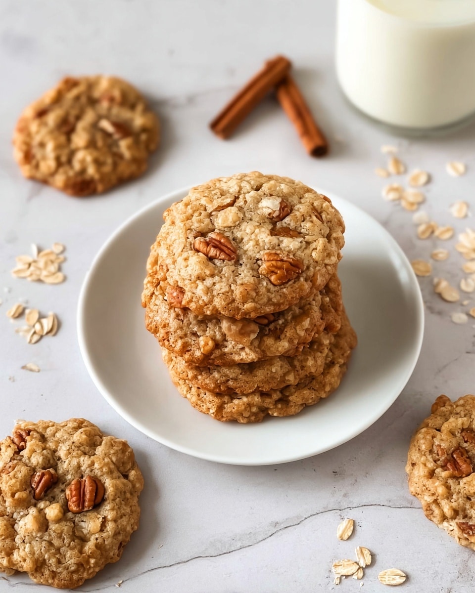 A white plate holds a stack of four oatmeal cookies, each cookie showing a golden-brown color with visible oat flakes and small pieces of pecans embedded in the dough. The top cookie is centered, with three other cookies slightly visible below it. Around the plate, there are two more cookies placed on the white marbled surface, one near the top left and another near the bottom right. There are a few loose oat flakes and a cinnamon stick laying on the marbled surface near the cookies. On the top right corner, there is a glass filled with milk, positioned slightly outside the frame. The overall look is warm and inviting, with a soft texture shown by the oats and nuts. photo taken with an iphone --ar 4:5 --v 7