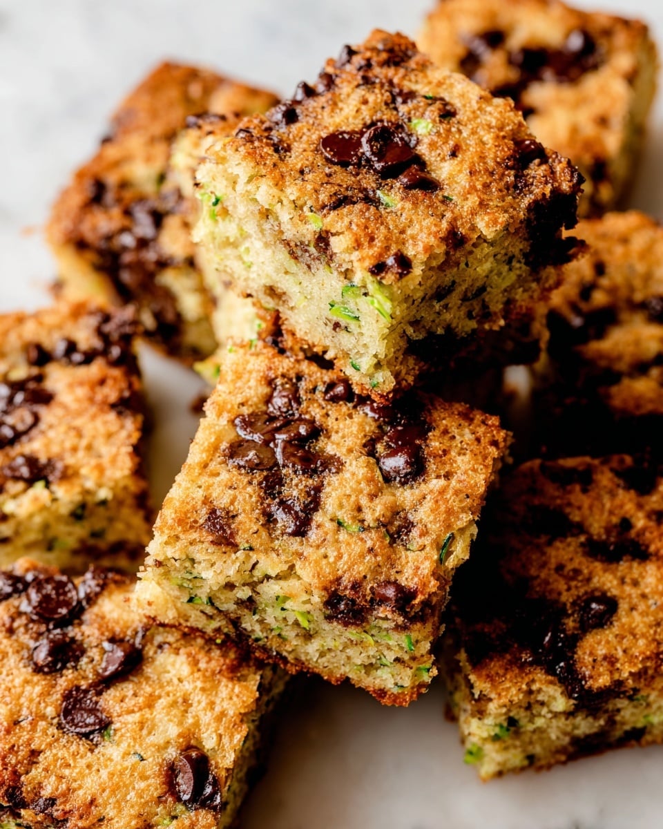 The image shows several square pieces of baked bars stacked close together on a white marbled surface. Each bar has a golden brown top layer with visible chunks of melted dark chocolate chips embedded throughout. The texture looks soft yet slightly crumbly, with small green bits scattered inside, suggesting the presence of grated zucchini. The bars have an uneven but inviting surface, with each piece appearing thick and moist, showing a mix of light brown and darker brown swirls inside. The scene is tightly framed to emphasize the texture and colors of the bars. photo taken with an iphone --ar 4:5 --v 7